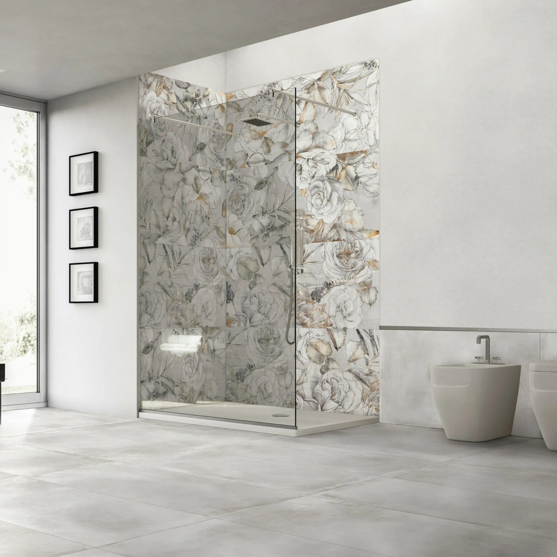 Porcelain stoneware floral decorative wall tile installed in a modern shower area.