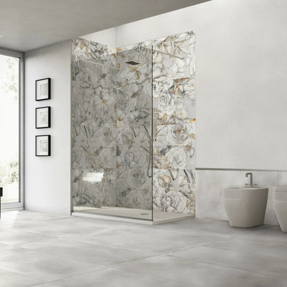 Porcelain stoneware floral decorative wall tile installed in a modern shower area.