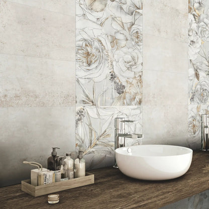 Porcelain stoneware floral decorative wall tile in a washbasin area.