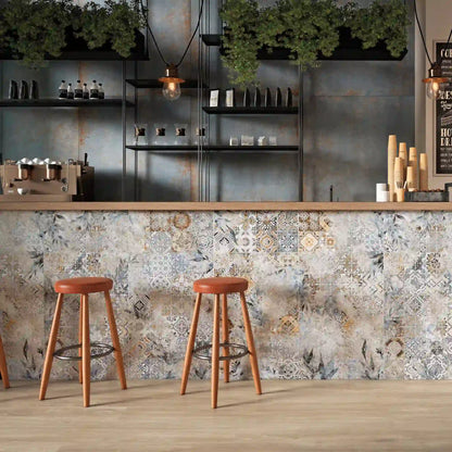 Porcelain stoneware patchwork decorative wall tile used on a bar counter.