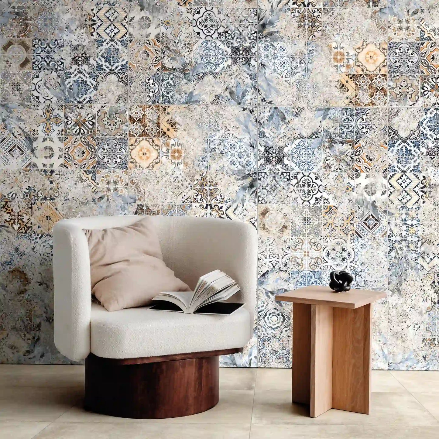 Porcelain stoneware patchwork decorative wall tile in a modern living room interior.