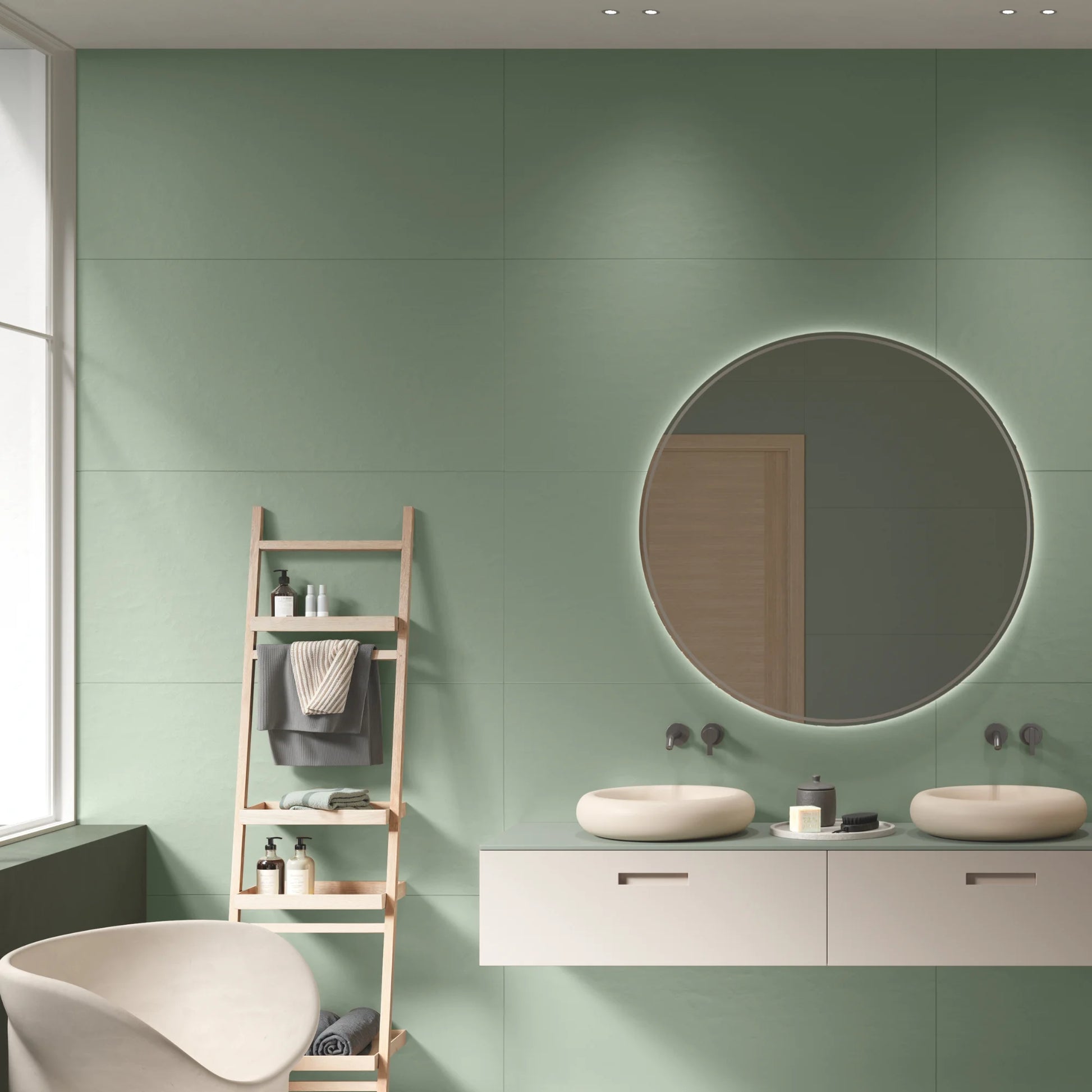 Sage green concrete effect porcelain wall tiles in modern bathroom interior, Le Resine Verde
