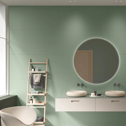 Sage green concrete effect porcelain wall tiles in modern bathroom interior, Le Resine Verde