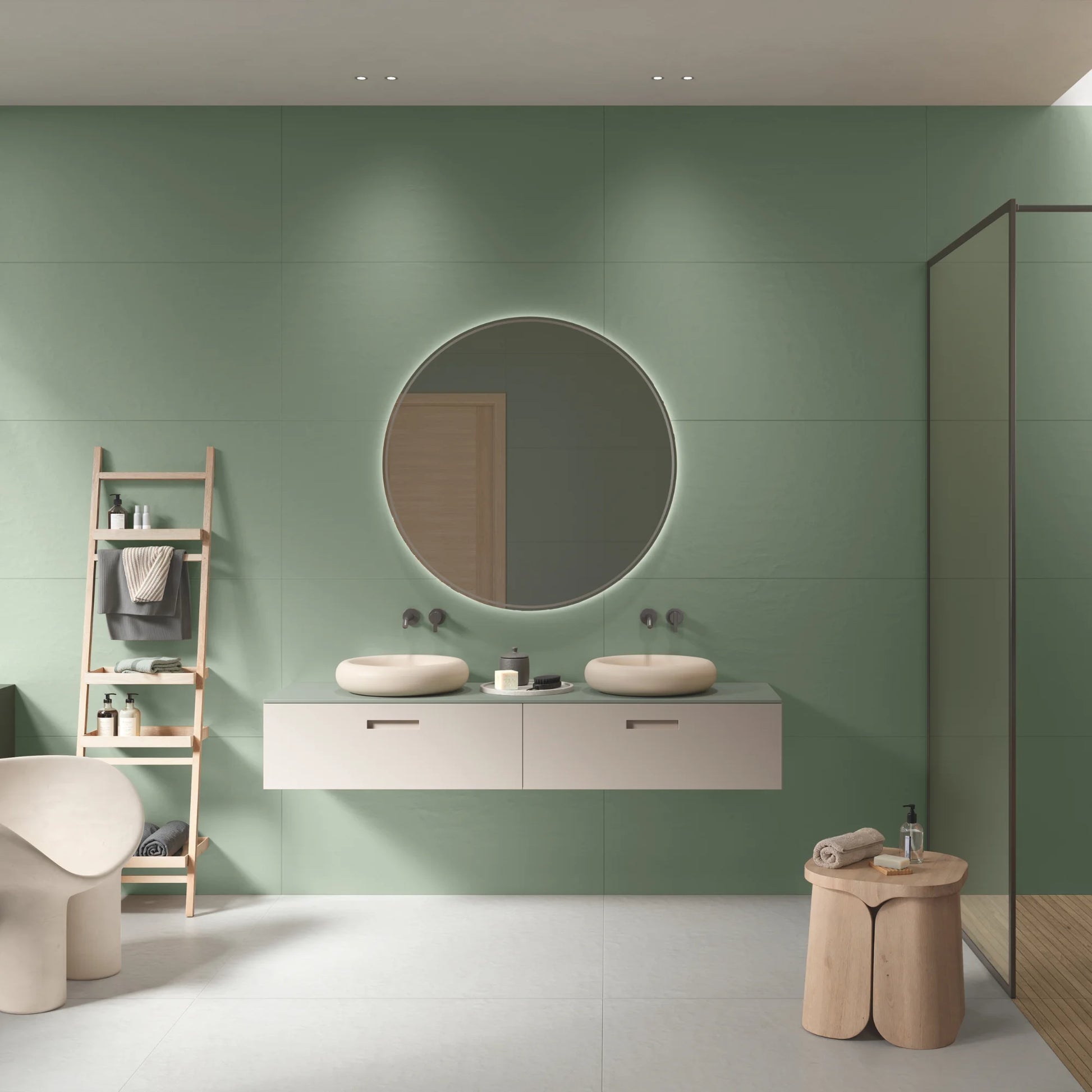 Sage green concrete effect porcelain wall tiles with minimalist bathroom design, Le Resine Verde