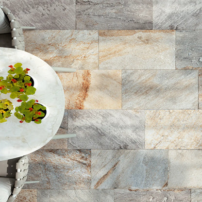 Grey and beige stone-effect porcelain outdoor flooring with R11 anti-slip finish, Pietra di Serra