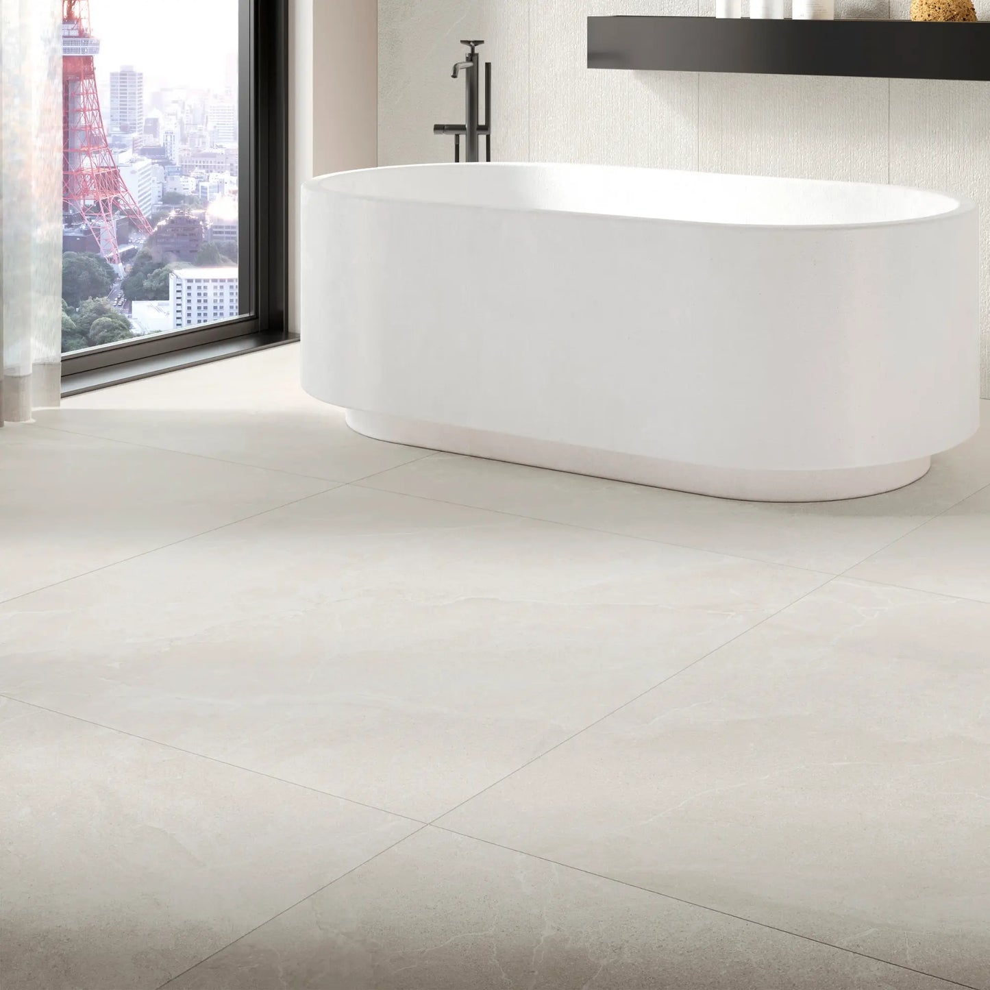 Stone effect porcelain floor tiles in ivory tone for modern bathroom – Cortina Stone Avorio