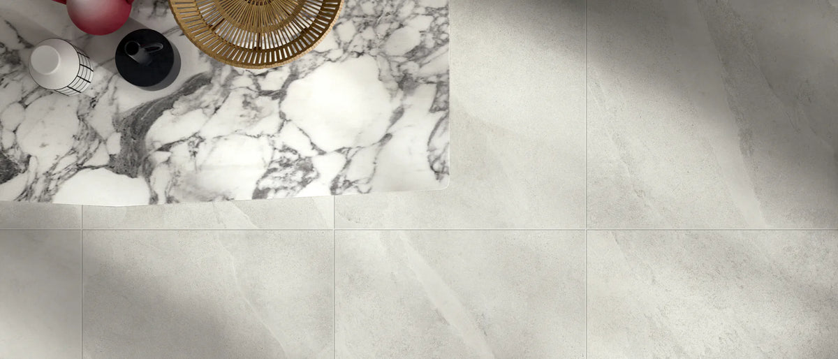 Top view of ivory stone effect porcelain tiles in 60x60 format