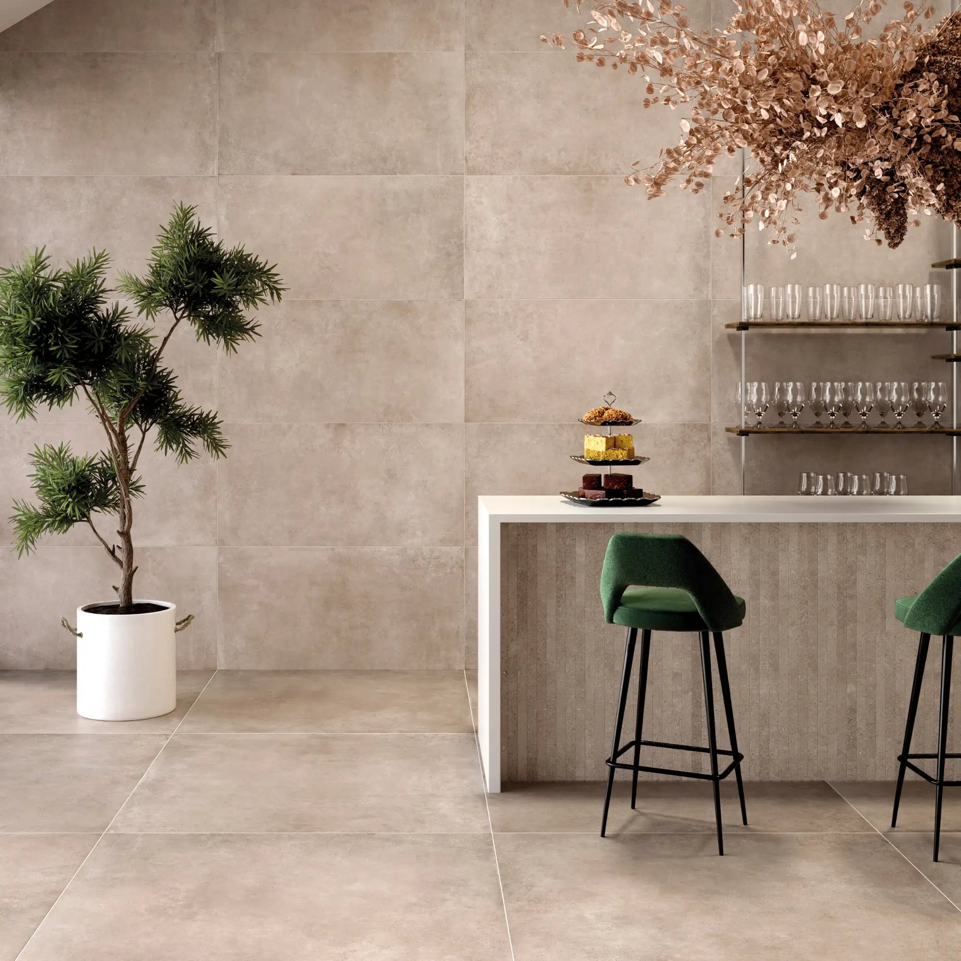 Modern dining area with taupe concrete-effect porcelain stoneware floor and matching wall tiles. Continental Taupe.