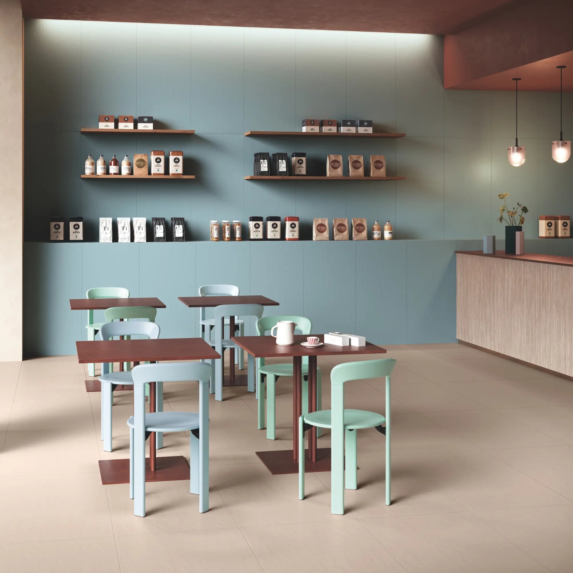 Taupe concrete effect porcelain flooring in contemporary café interior, Le Resine Nocciola