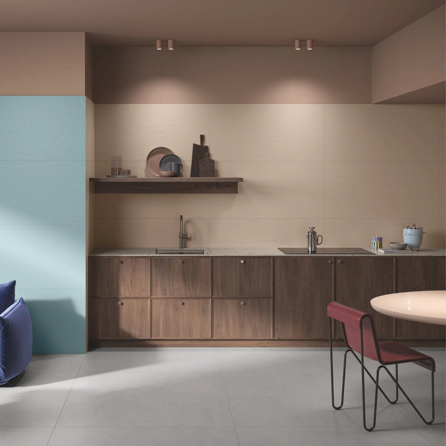 Taupe concrete effect porcelain tiles in modern living room interior, Le Resine Nocciola