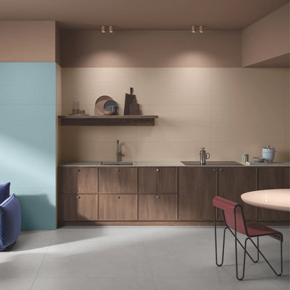 Taupe concrete effect porcelain tiles in modern living room interior, Le Resine Nocciola