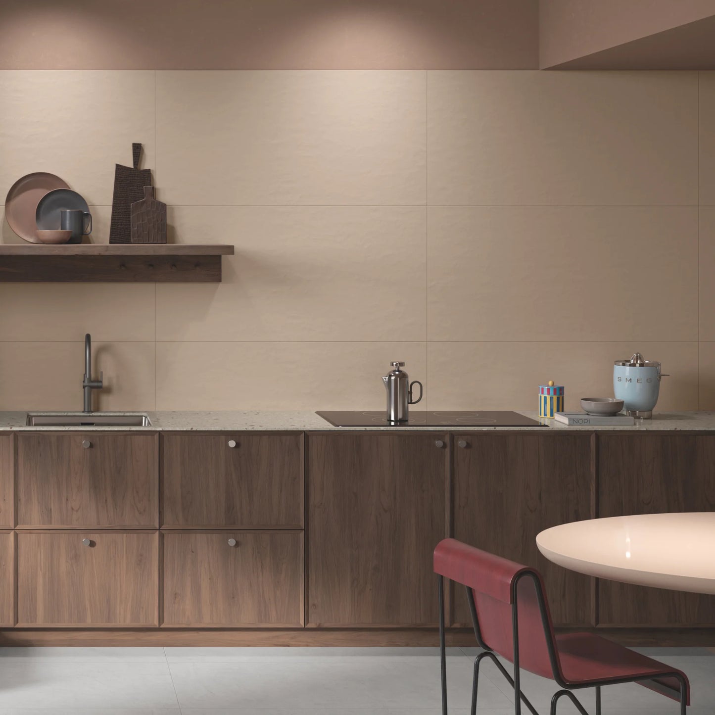 Taupe concrete effect porcelain wall tiles in contemporary living room setting, Le Resine Nocciola