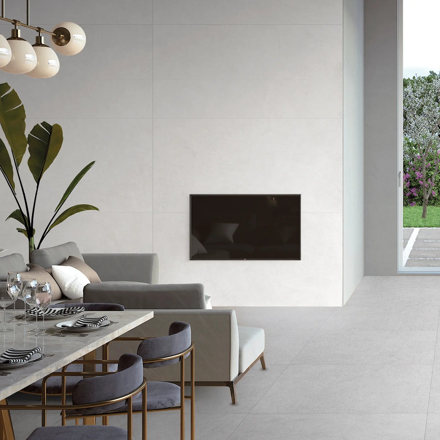 White concrete-effect porcelain floor in a modern living room interior, Le Resine Bianco