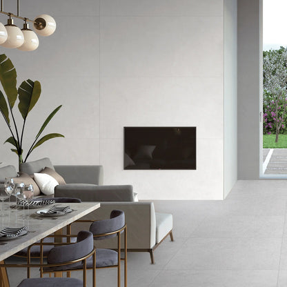 White concrete-effect porcelain floor in a modern living room interior, Le Resine Bianco