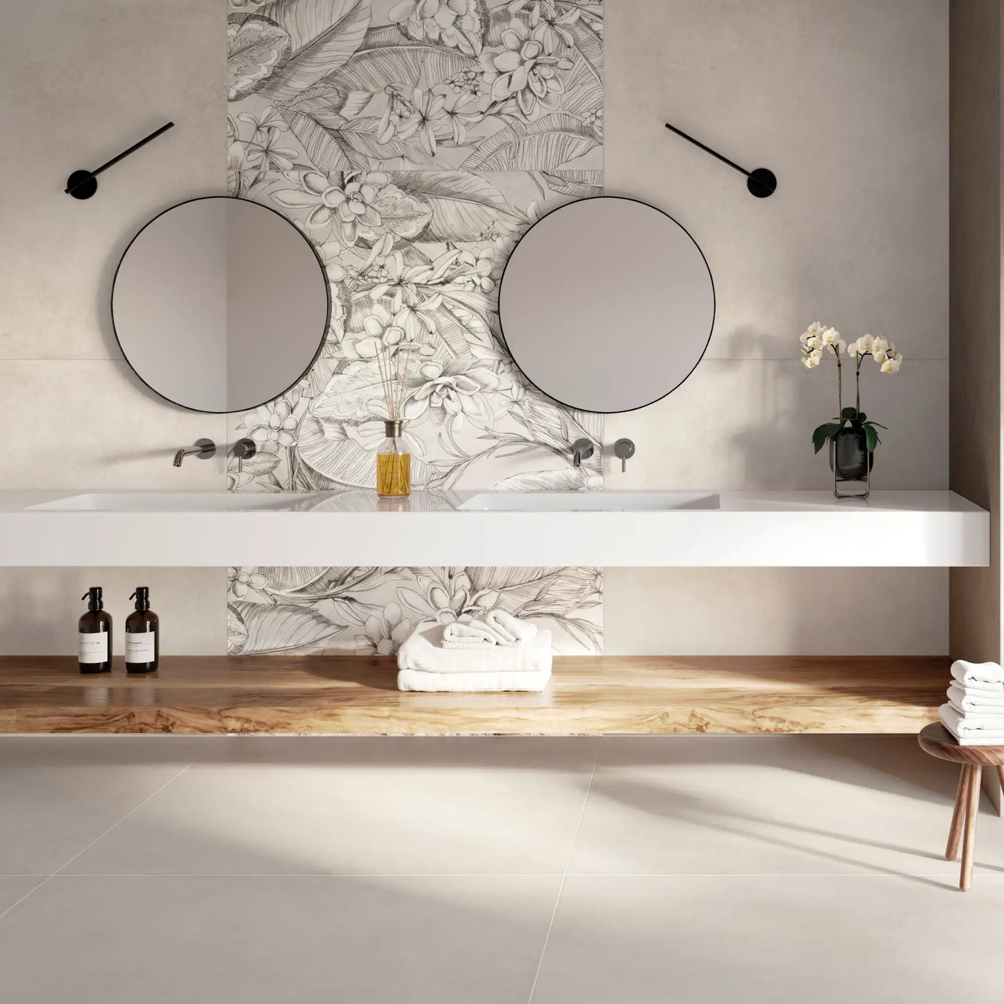 Modern bathroom with white concrete-effect porcelain floor tiles, Continental White.