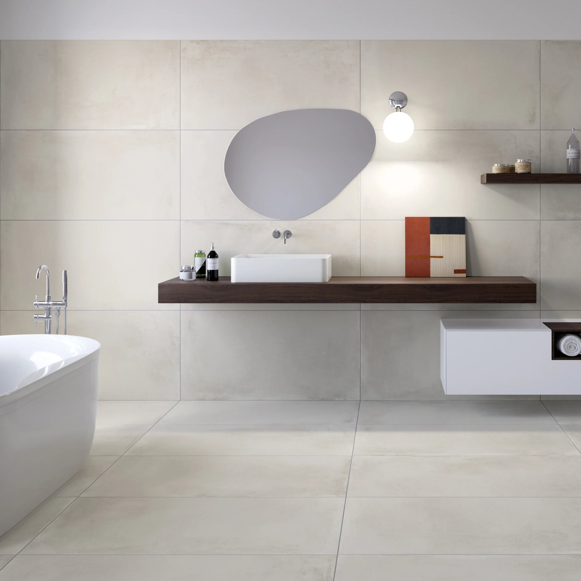 Bathroom interior featuring white concrete effect porcelain tiles on walls and floor, Caementum Albus