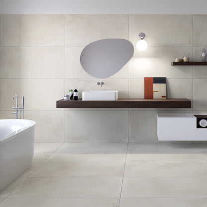 Bathroom interior featuring white concrete effect porcelain tiles on walls and floor, Caementum Albus