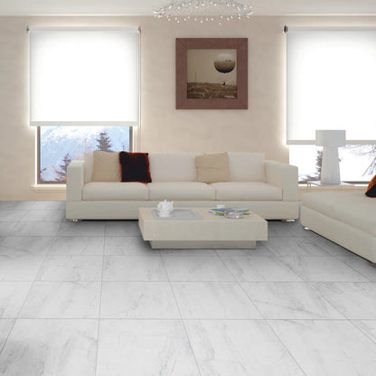 White matte marble effect tiles in a bright living room, athena bianco
