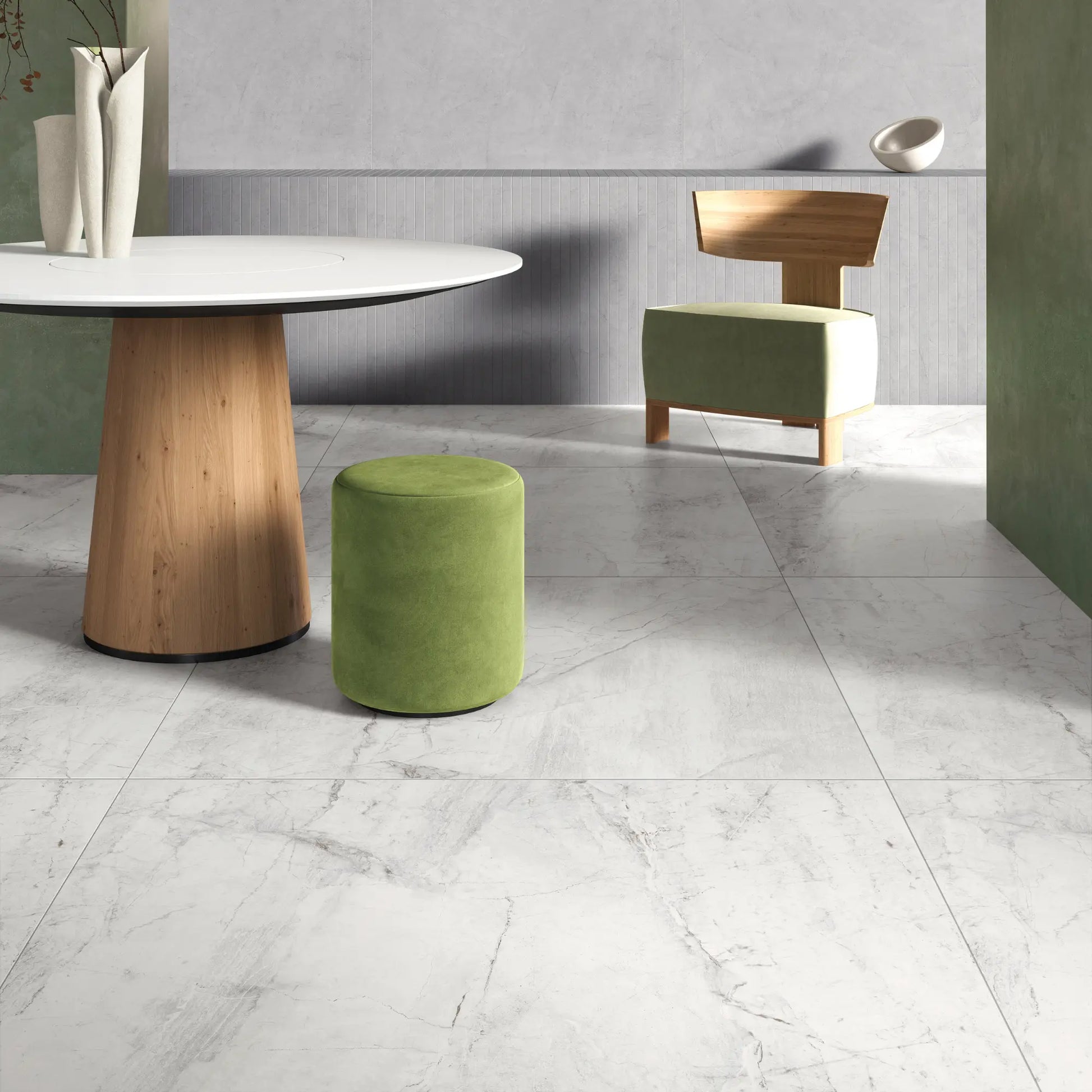 White marble effect porcelain tile floor in a modern interior, athena bianco