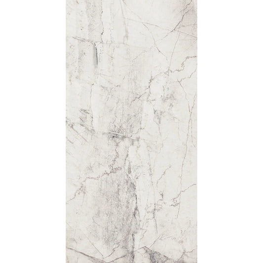 White marble effect porcelain tile with natural grey veining in matte finish and rectangular format, athena bianco