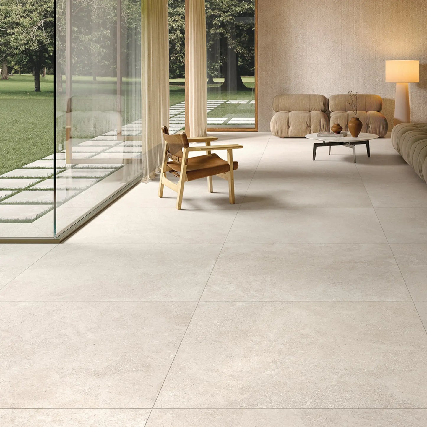 White stone effect porcelain tile used in contemporary interior design, Eterea Avorio