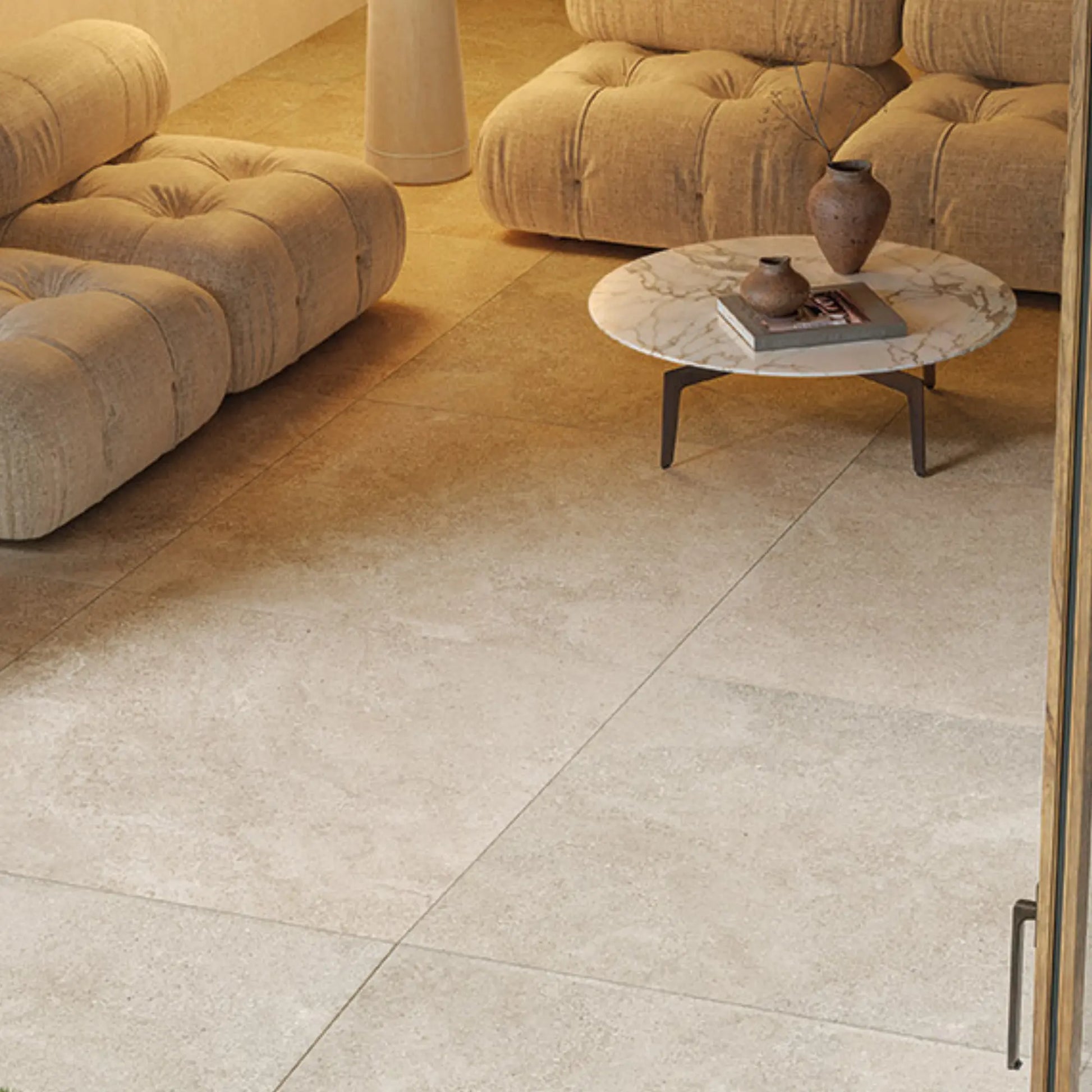 White stone effect porcelain tile flooring in modern living room Eterea Avorio