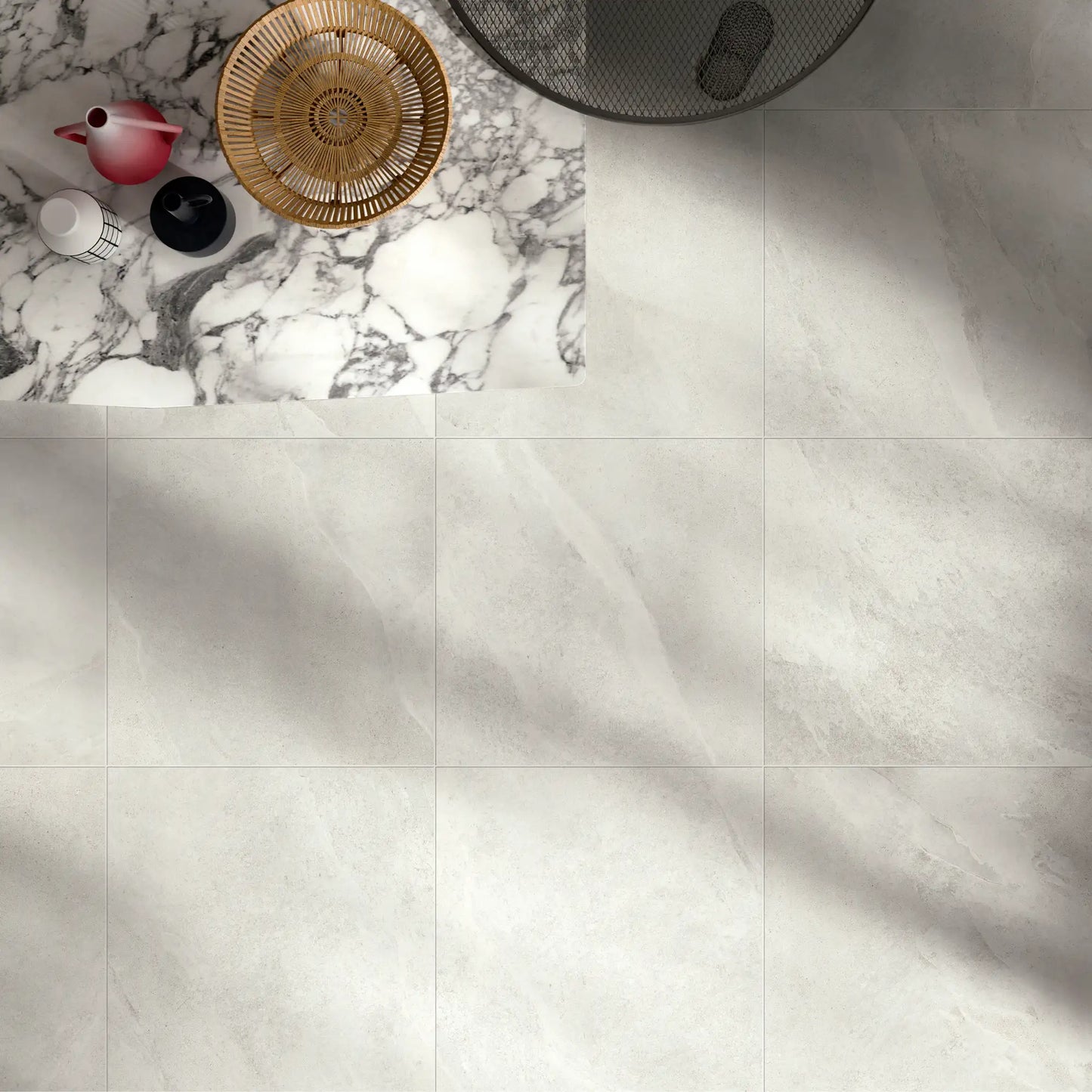 White stone effect porcelain floor tiles in modern living room – Slash Ivory