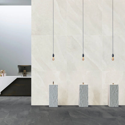 White stone effect wall and floor tiles in interior setting – Slash Ivory