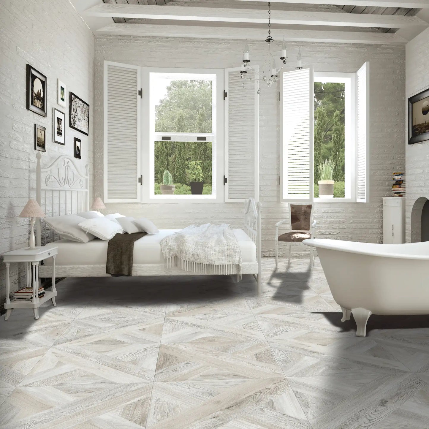 Bedroom with white wood effect porcelain tiles in 60x60 format, Intarsio Bianco