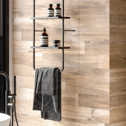 Brown oak wood-effect porcelain tiles used on a modern bathroom wall  – North Wind Brown