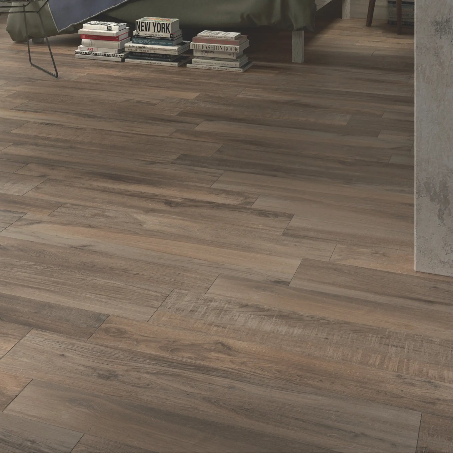 Close-up of brown oak wood-effect porcelain flooring with rich tonal variation in a modern bedroom – North Wind Melange