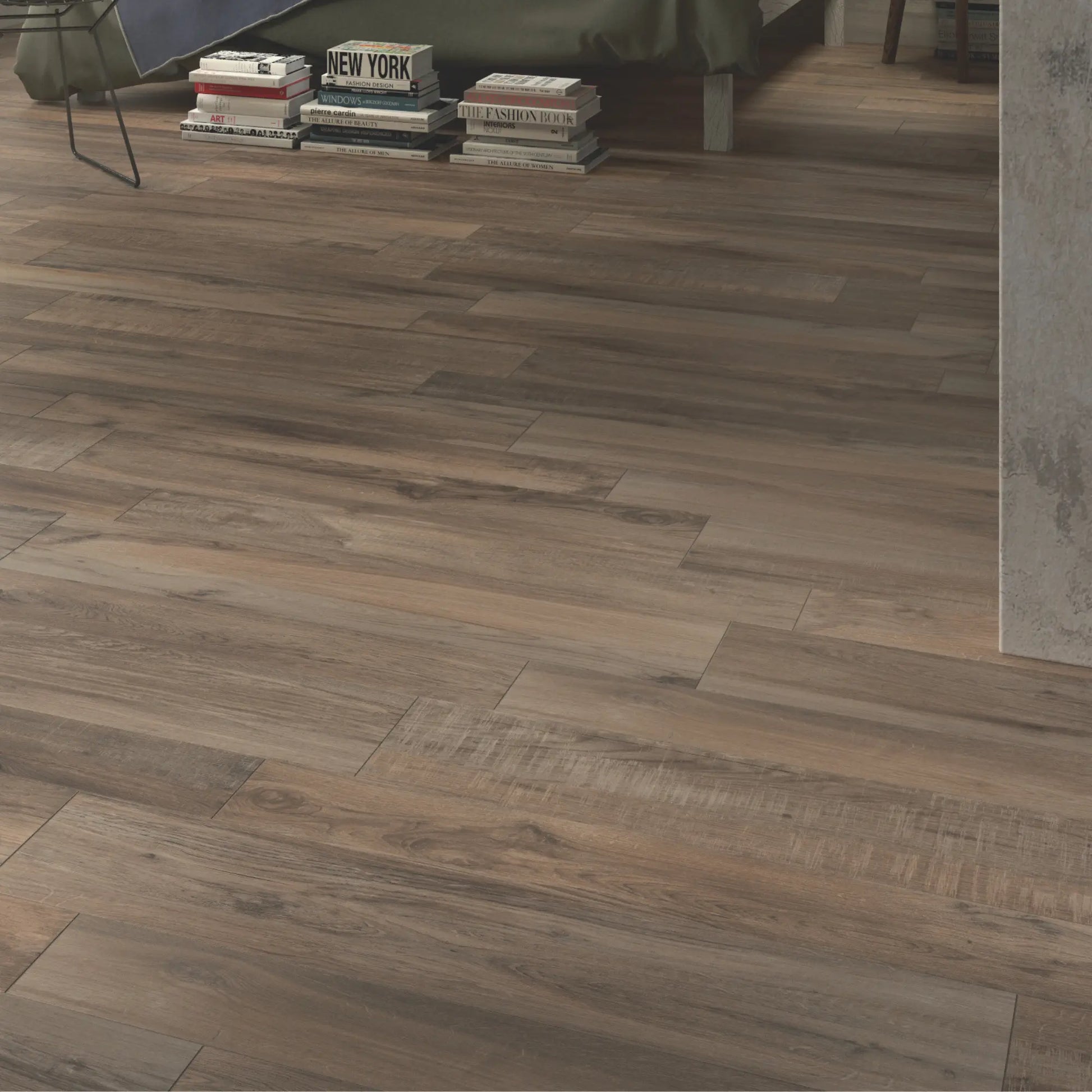 Close-up of brown oak wood-effect porcelain flooring with rich tonal variation in a modern bedroom – North Wind Melange