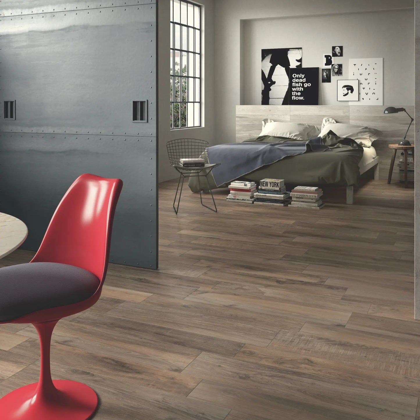 Brown oak wood-effect porcelain flooring in a modern loft-style bedroom – North Wind Melange