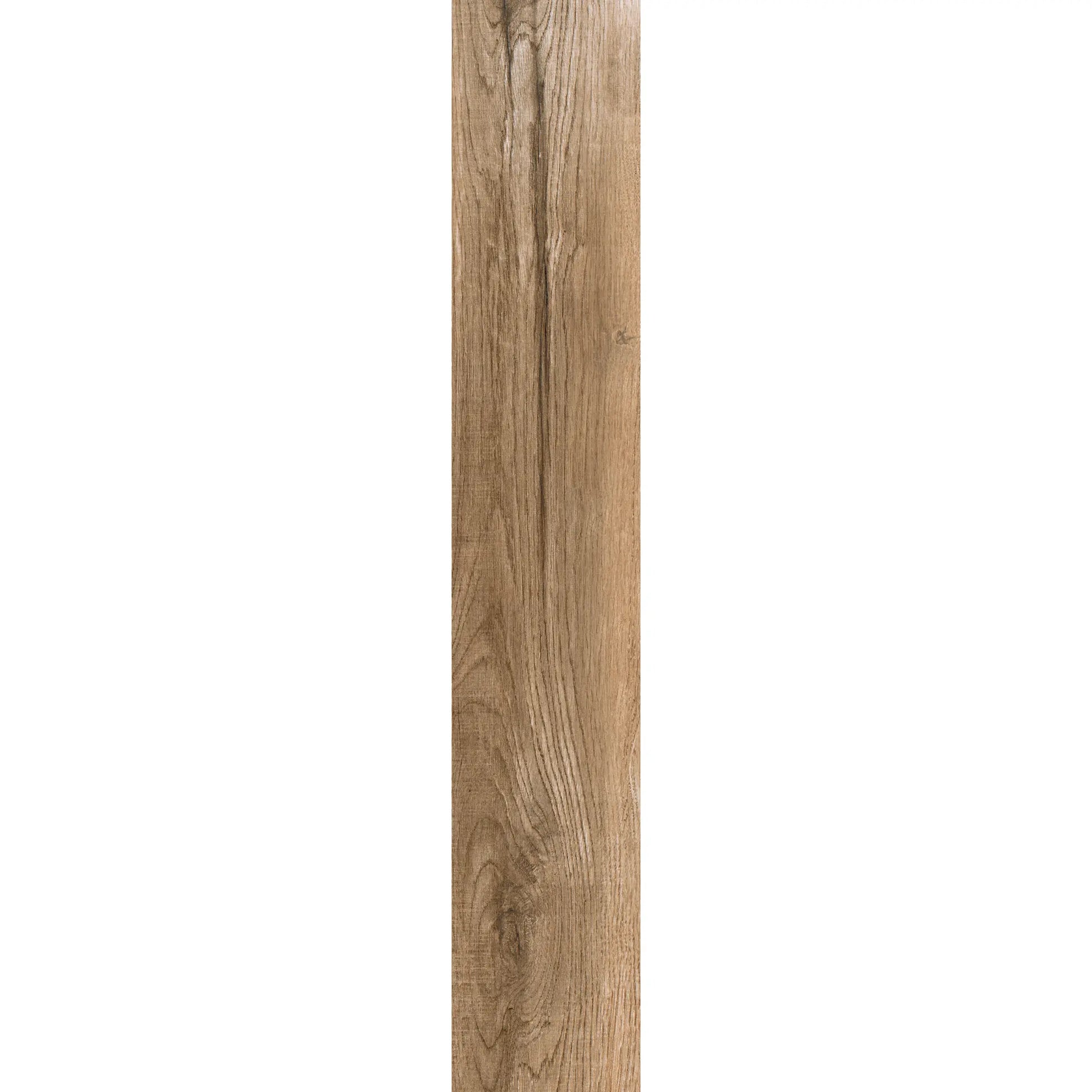 Brown oak wood-effect porcelain tile plank showing natural grain, knots and warm tones – North Wind Brown