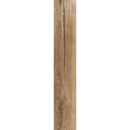 Brown oak wood-effect porcelain tile plank showing natural grain, knots and warm tones – North Wind Brown