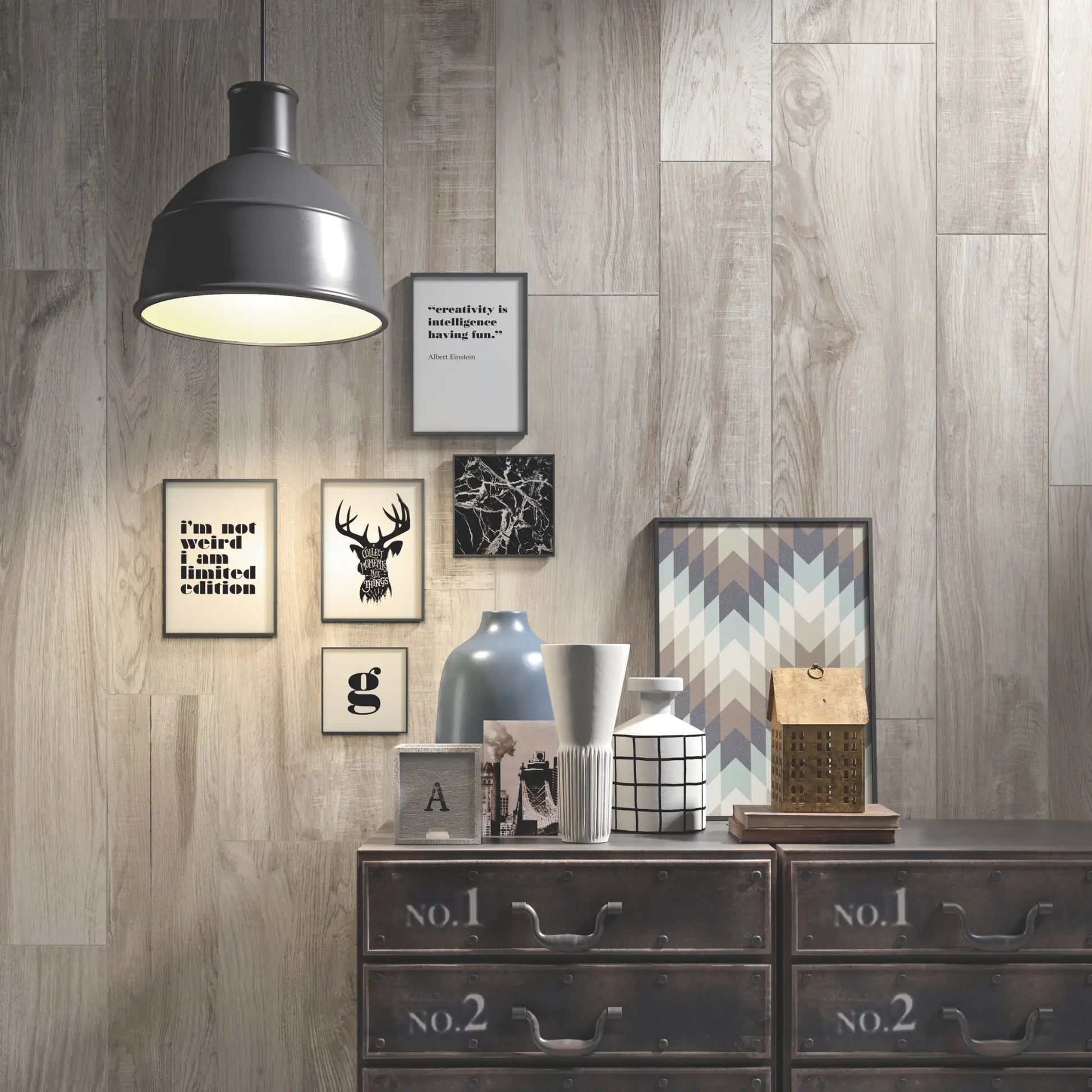 Grey oak wood-effect porcelain tiles used on an interior wall – North Wind Grey