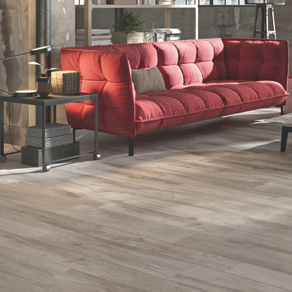 Grey oak wood-effect porcelain flooring in a modern living room – North Wind Grey