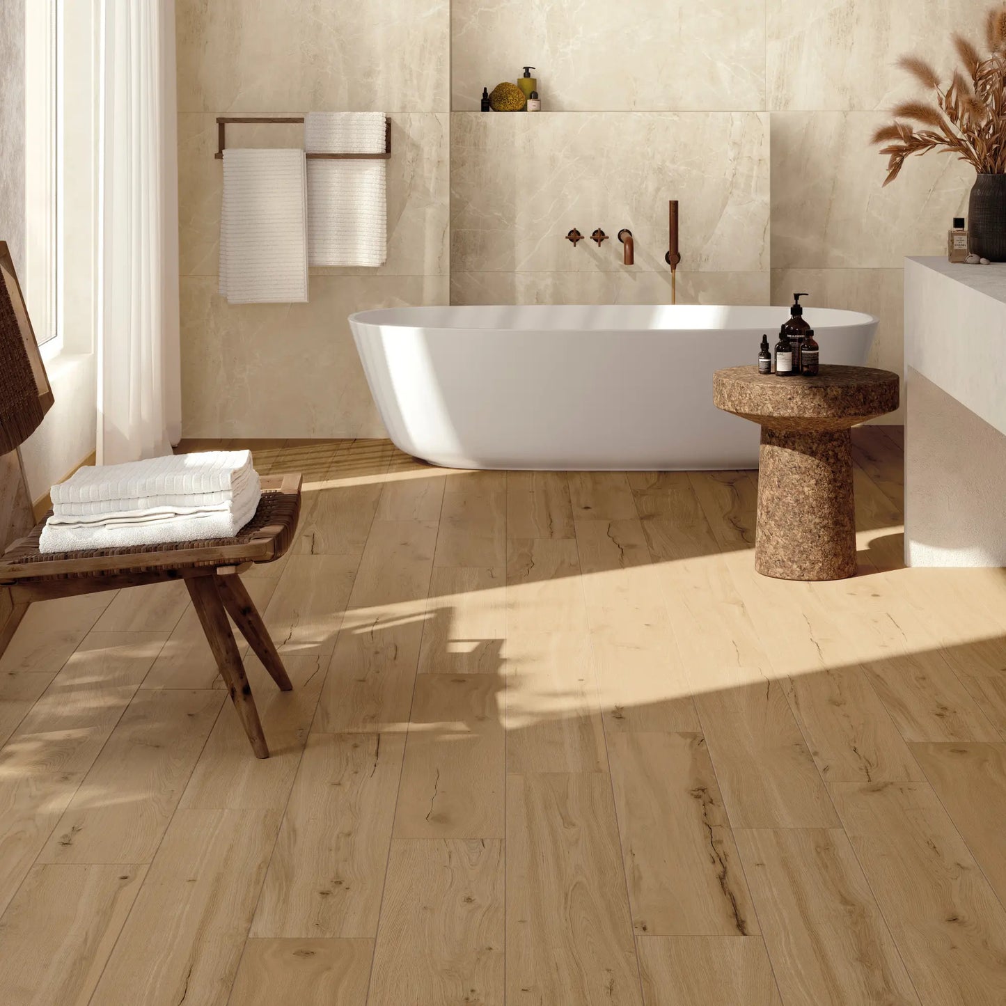 Bright modern bathroom with light ash wood-effect porcelain flooring – Natura Frassino