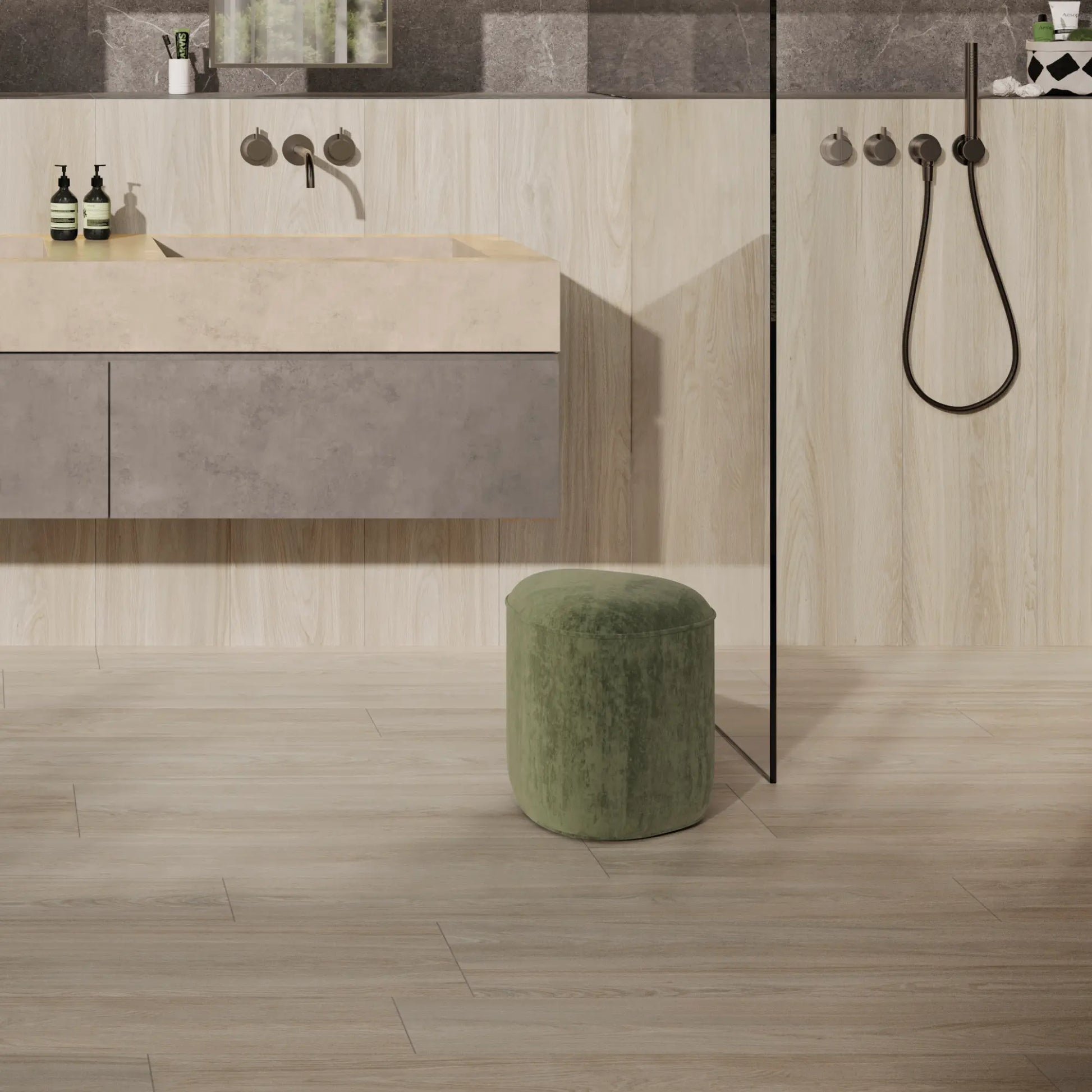 Close-up of light oak wood-effect porcelain tiles in a modern bathroom with walk-in shower – Skyline Native