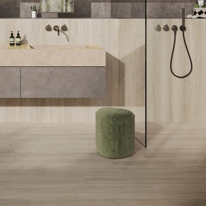 Close-up of light oak wood-effect porcelain tiles in a modern bathroom with walk-in shower – Skyline Native