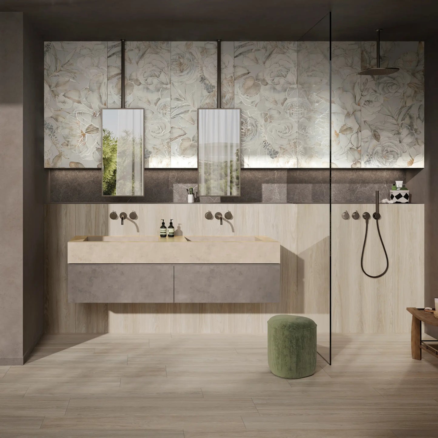 Modern bathroom with light oak wood-effect porcelain flooring and decorative wall tiles– Skyline Native