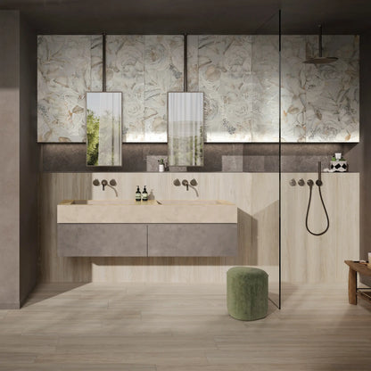 Modern bathroom with light oak wood-effect porcelain flooring and decorative wall tiles– Skyline Native