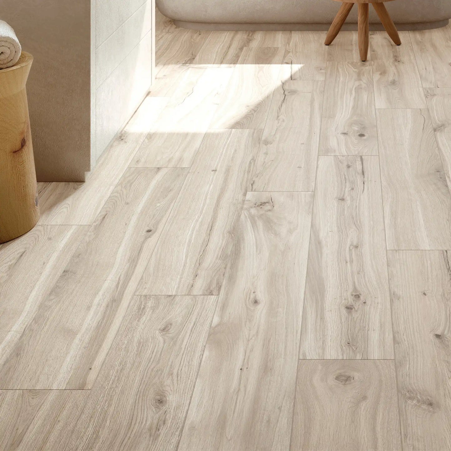 Light wood-effect porcelain tile flooring in a bright modern bathroom, close up – Natura Magnolia