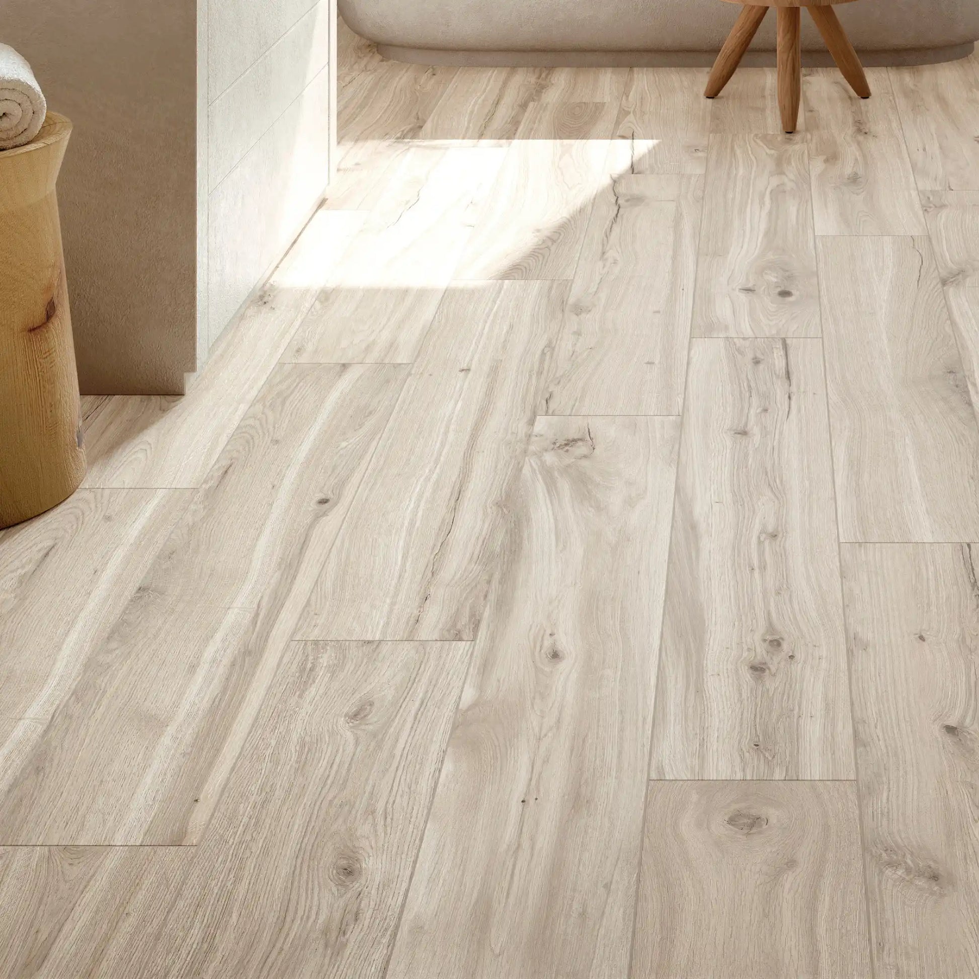 Light wood-effect porcelain tile flooring in a bright modern bathroom, close up – Natura Magnolia
