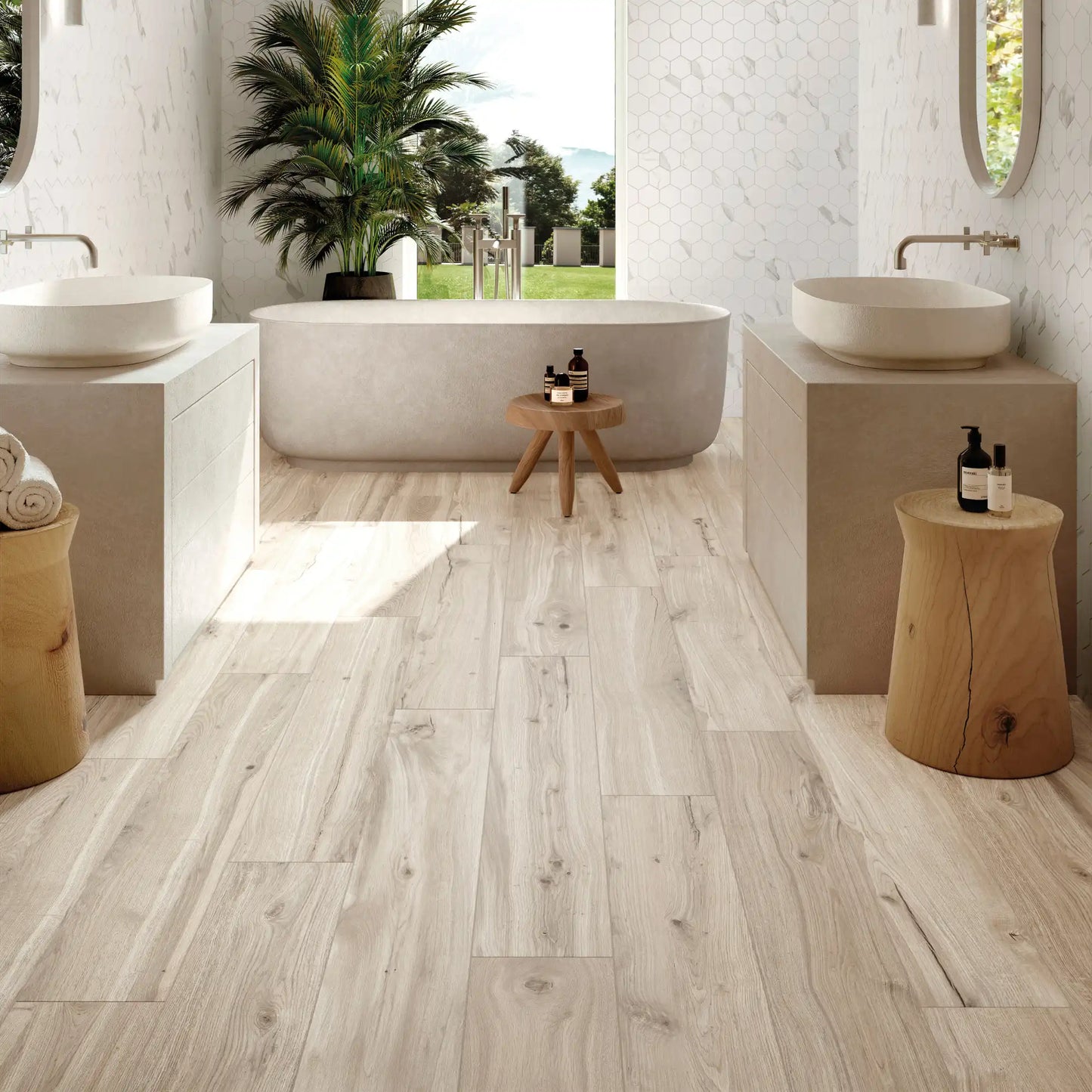 Light wood-effect porcelain tile flooring in a bright modern bathroom – Natura Magnolia