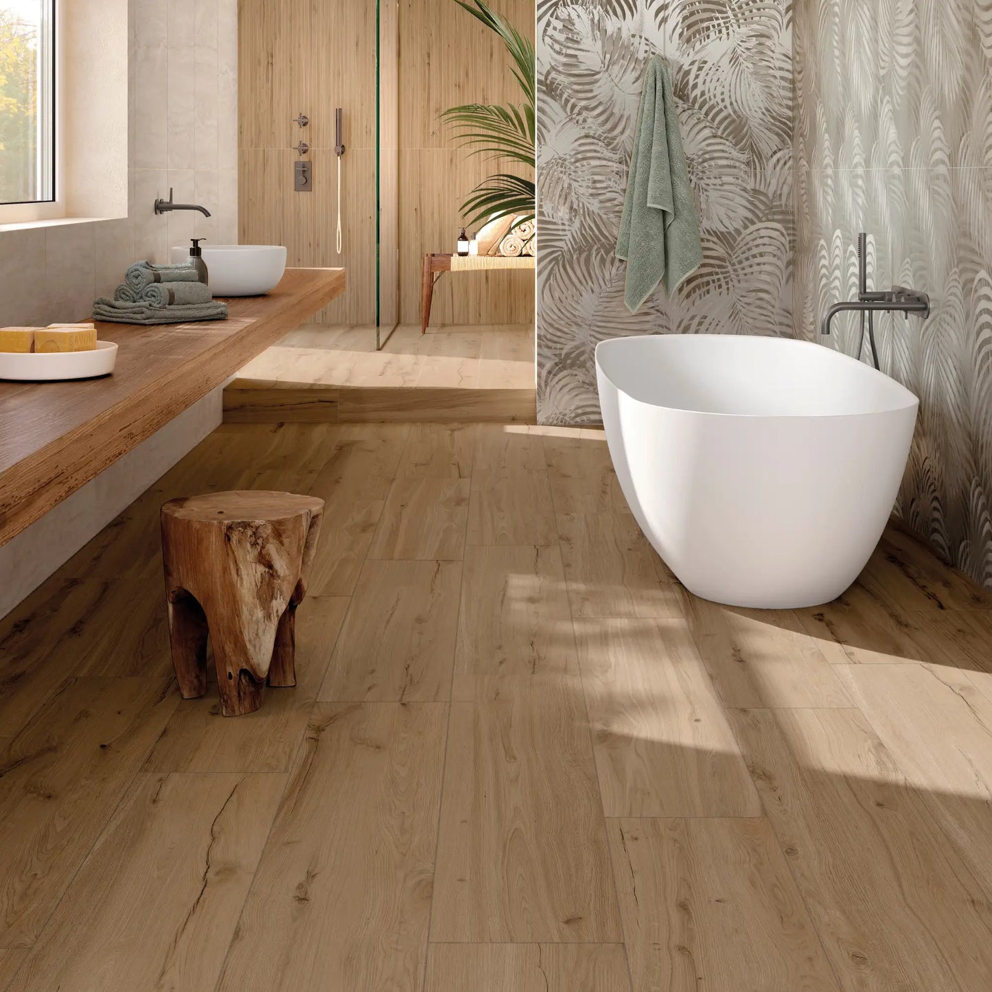 Modern bathroom with medium oak wood-effect porcelain flooring and natural interior design elements – Natura Castagno