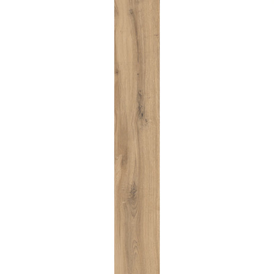 Medium oak wood-effect porcelain tile plank showcasing natural grain and texture – Natura Castagno
