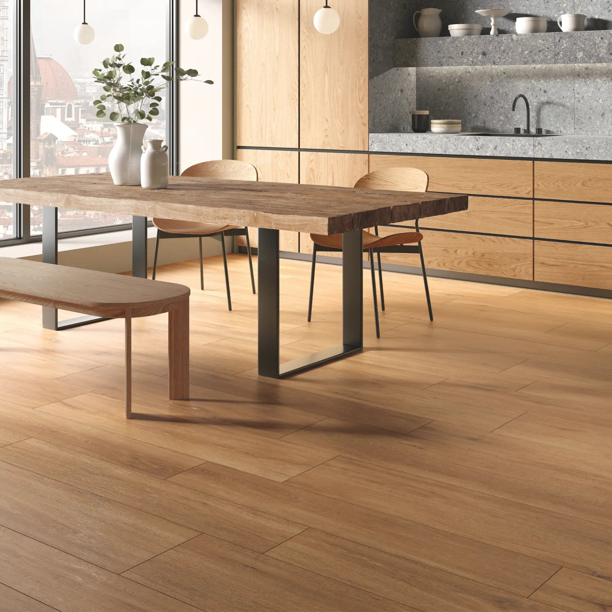 Natural oak wood-effect porcelain flooring in a modern kitchen – Firenze Naturale