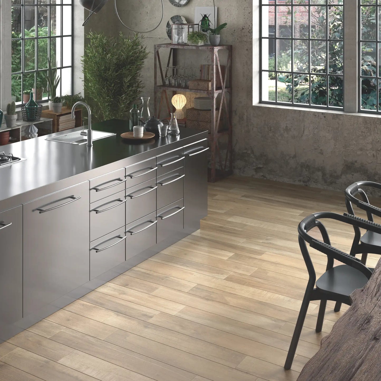 Oak wood-effect porcelain flooring in a modern kitchen – North Wind Oak