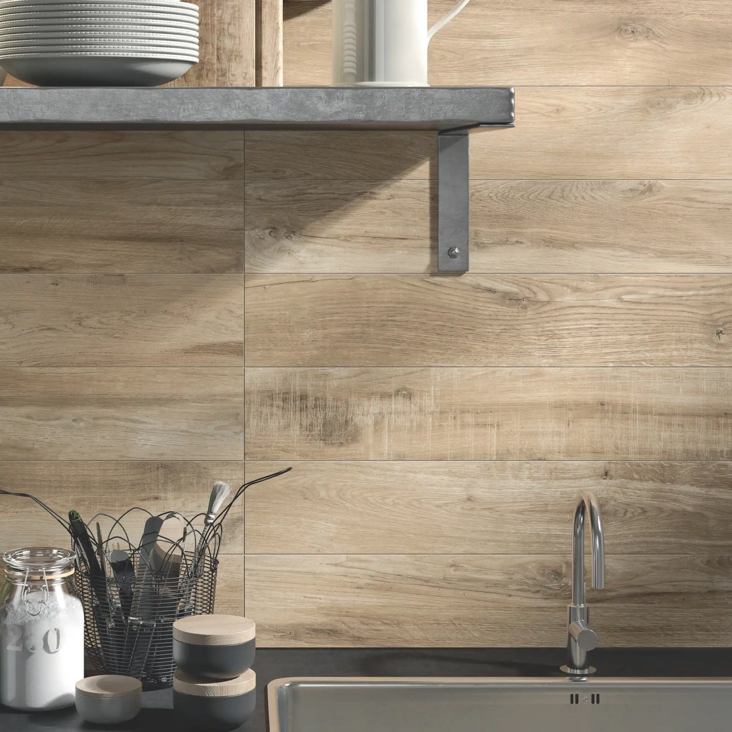 Close-up of oak wood-effect porcelain wall tiles showing natural grain and warm tones in a modern kitchen – North Wind Oak